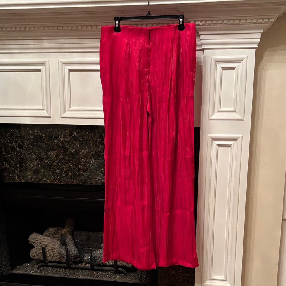 Zara metallic sheen crinkle effect lightweight wide-leg pink pants trousers sz.S - Picture 7 of 16